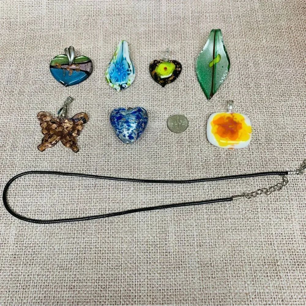 Art Glass Pendants Set of 7 With Black‎ Cord Necklace